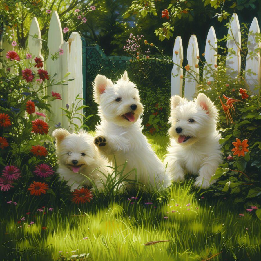 Westie puppies playing in a sunny, flower-filled backyard