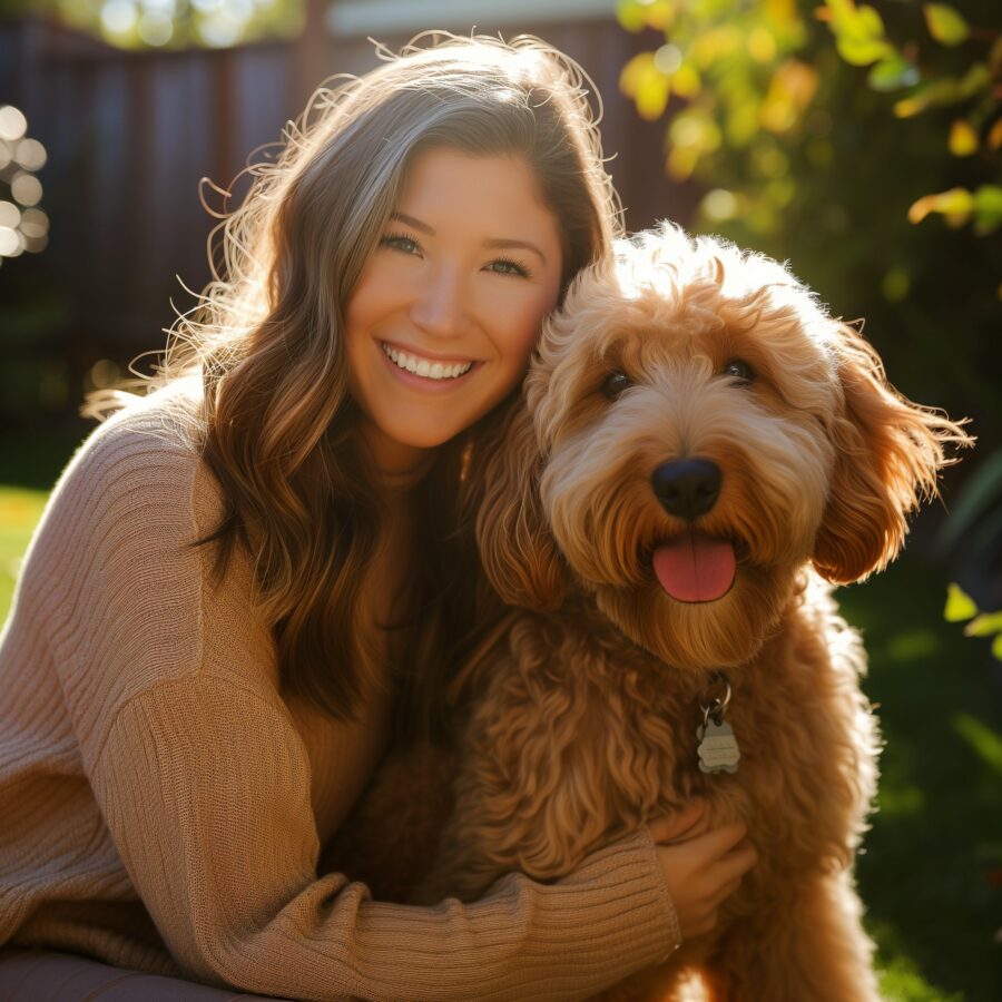 A Labradoodle with its owner in a sunny backyard, showcasing the bond between pet and owner.