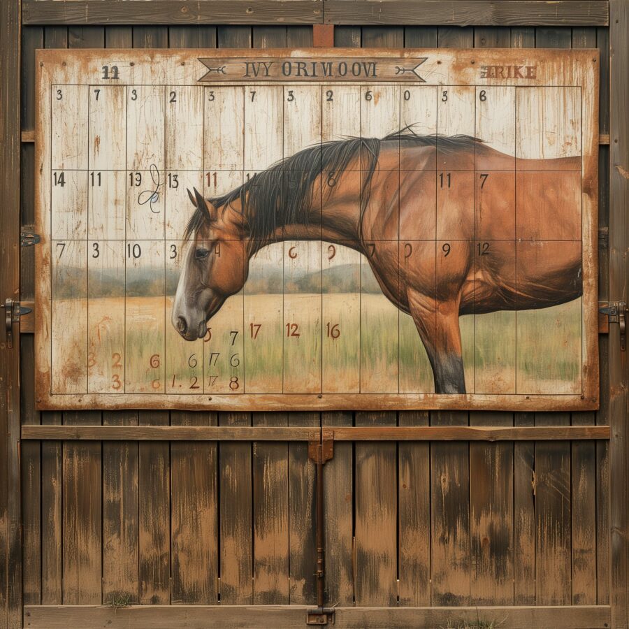 Calendar with marked horse training sessions on a barn wall.