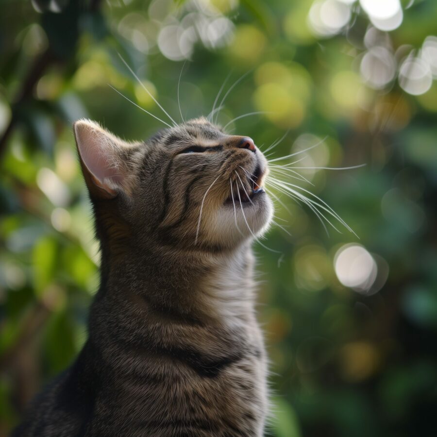 Cat coughing in a garden, illustrating symptoms of feline asthma.