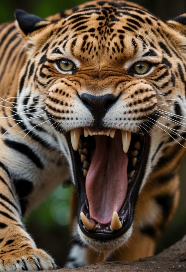 Intense close-up of a growling tigers face.