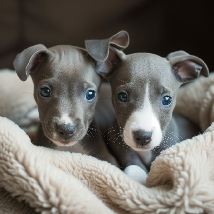 Playful Staffordshire Greyhound puppies in a cozy indoor setting.