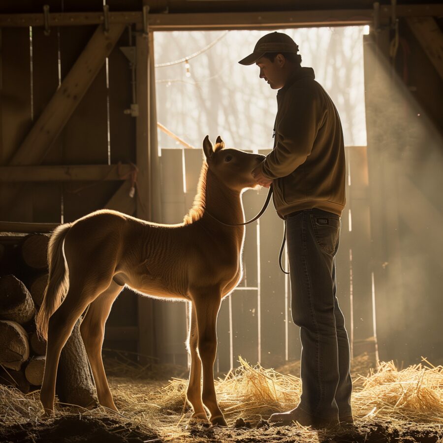 Trainer teaching basic groundwork to a foal in an enclosed area, with a rustic barn in the background.