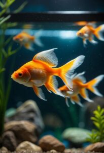 Vibrant goldfish swimming in a decorated aquarium.