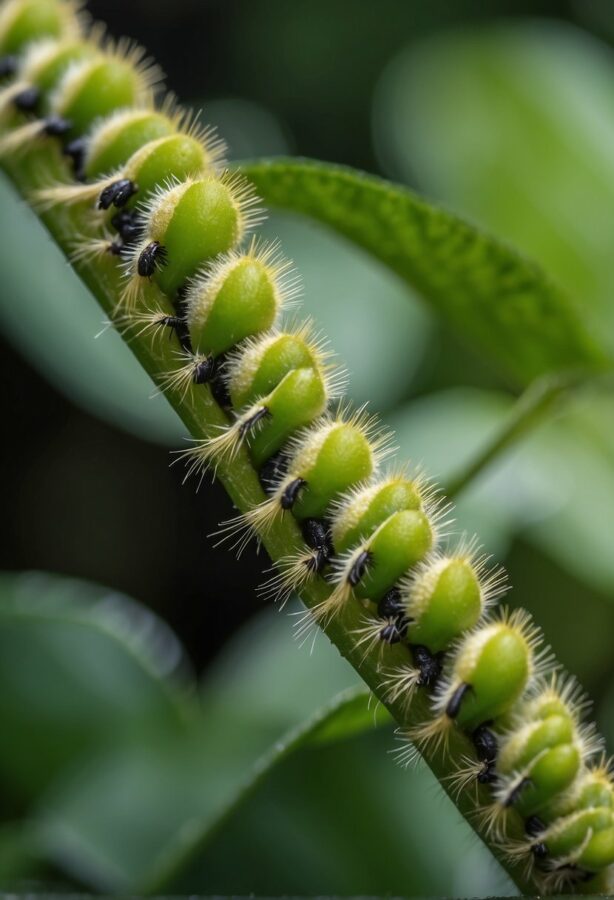 Green caterpillar on leaf, nature macro photography.