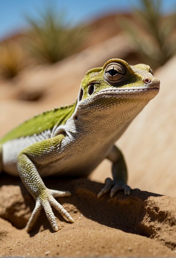 Close-up of a green lizard in the desert.