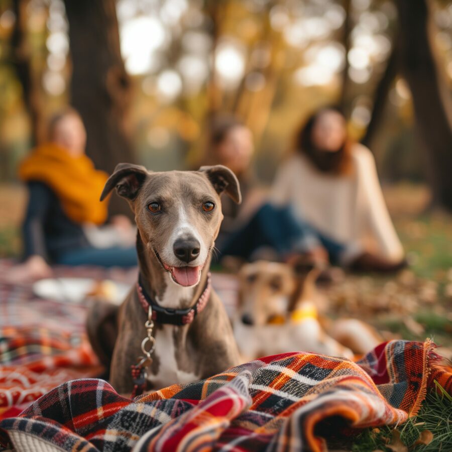 Staffordshire Greyhound enjoying a family picnic in a serene park.