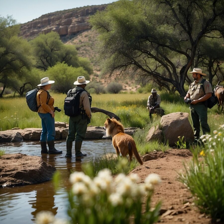 A diverse group of animals gather around a watering hole, surrounded by lush greenery and vibrant wildflowers. A ranger interacts with the wildlife, while community members observe and participate in conservation efforts