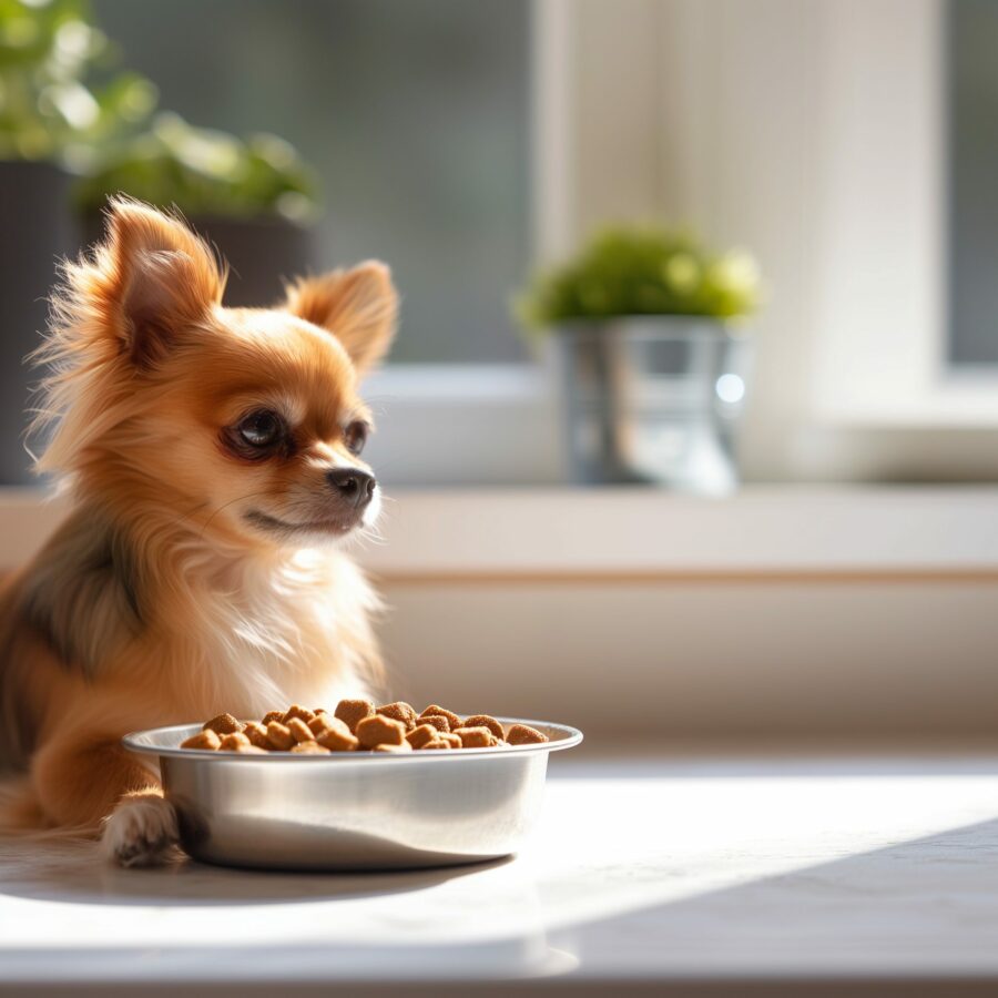 Healthy dog food bowl next to a Chihuahua Terrier mix in a bright kitchen.