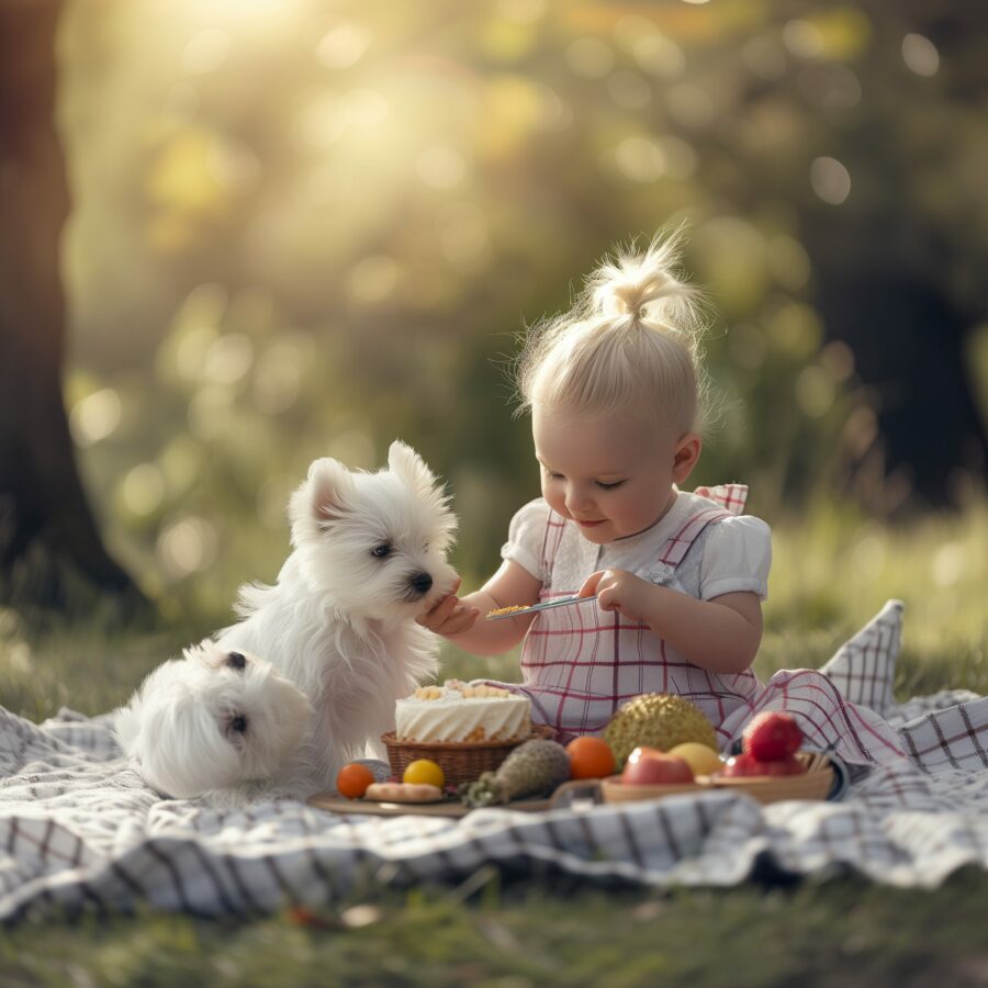 Westie puppies and children enjoying a playful and gentle interaction during an outdoor picnic
