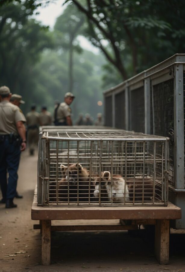 Wildlife traffickers are being apprehended by law enforcement. Confiscated animals are shown in cages. Legal consequences are evident