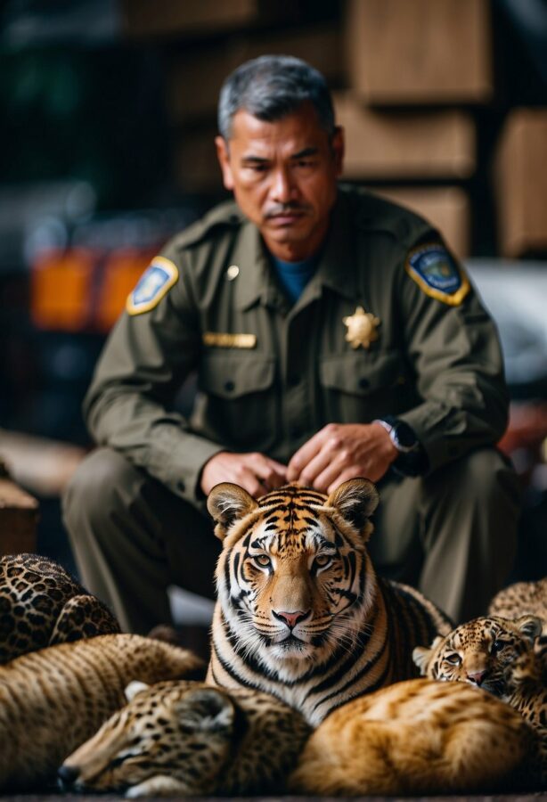Wildlife trafficker caught and handcuffed by law enforcement, surrounded by confiscated animal products and facing legal consequences
