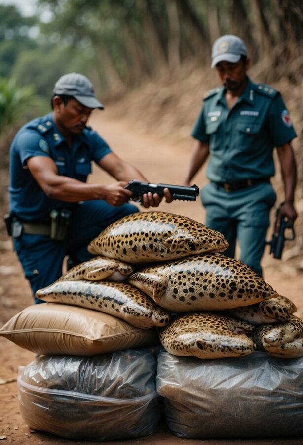 Wildlife traffickers cower as authorities seize their illegal goods, facing harsh punishment