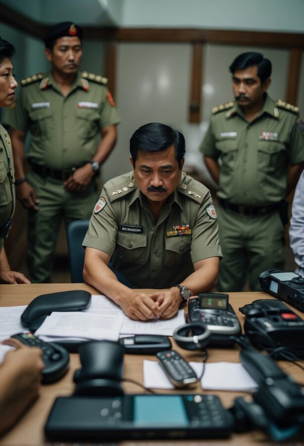 Wildlife trafficker caught and punished, surrounded by monitoring officials and compliance officers