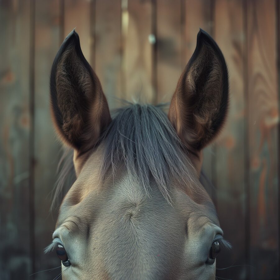 Close-up of horse ears and eyes with mood indicators in a stable.