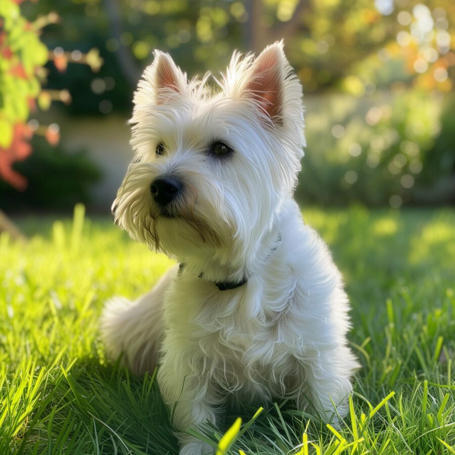 Alert Westie in a vibrant backyard, showing their guardian nature.