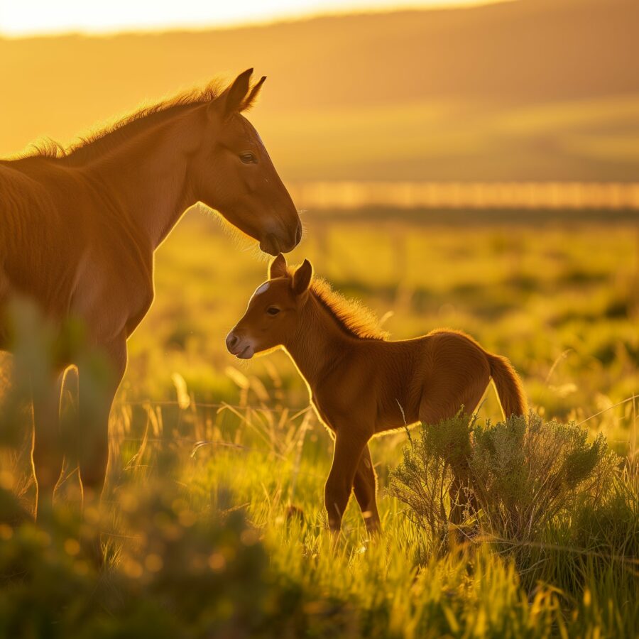 Foal receiving treats for obeying commands in a sunlit field, showcasing positive reinforcement.