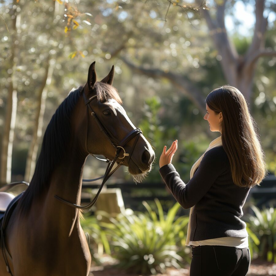Woman teaching a horse an advanced maneuver in a lush outdoor setting.