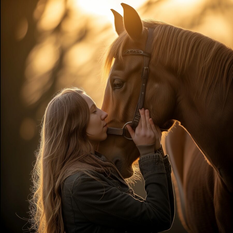 Intimate moment of bonding between horse and owner at golden hour, symbolizing trust and friendship.