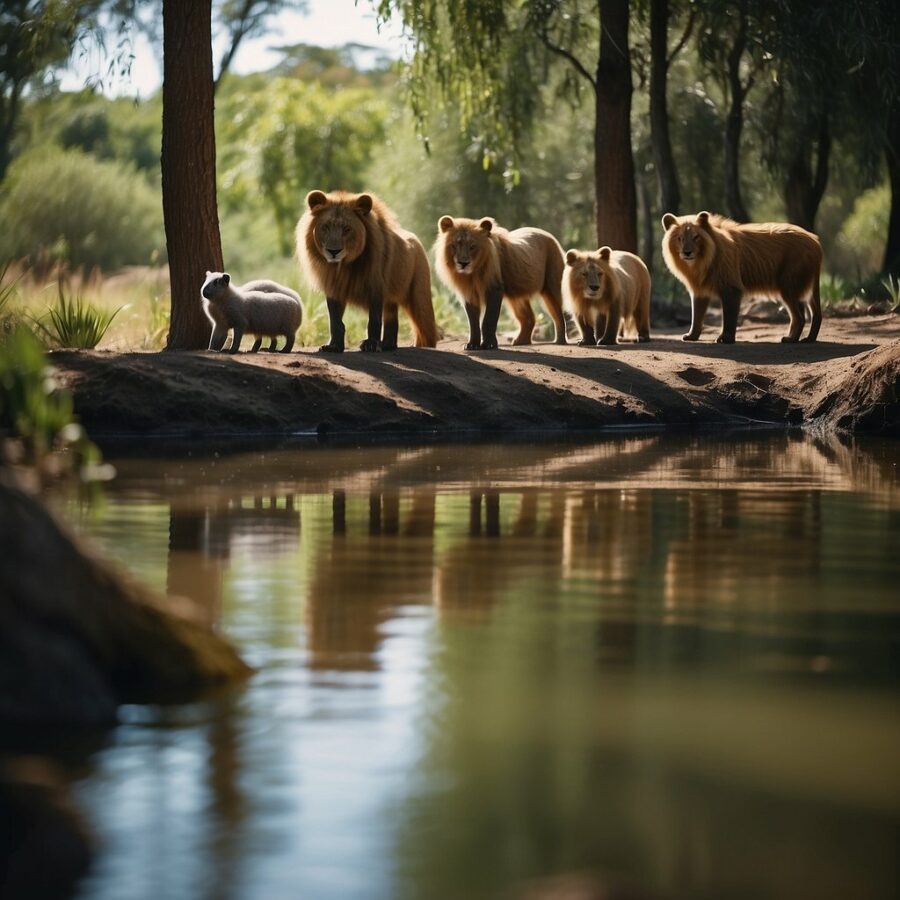 A variety of animals are being cared for in a natural setting, surrounded by trees and water, with dedicated staff working to rehabilitate and conserve wildlife