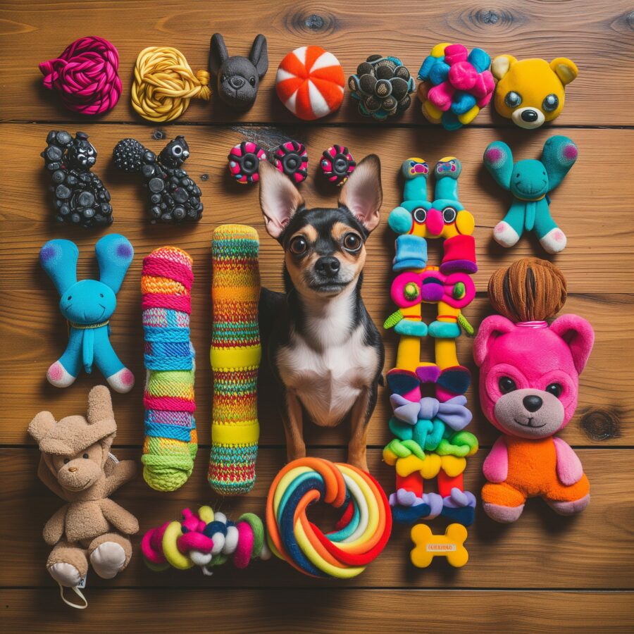 A variety of colorful dog toys for Chihuahua Terriers on a wooden floor.