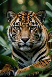 Stunning tiger gazing amidst lush foliage.