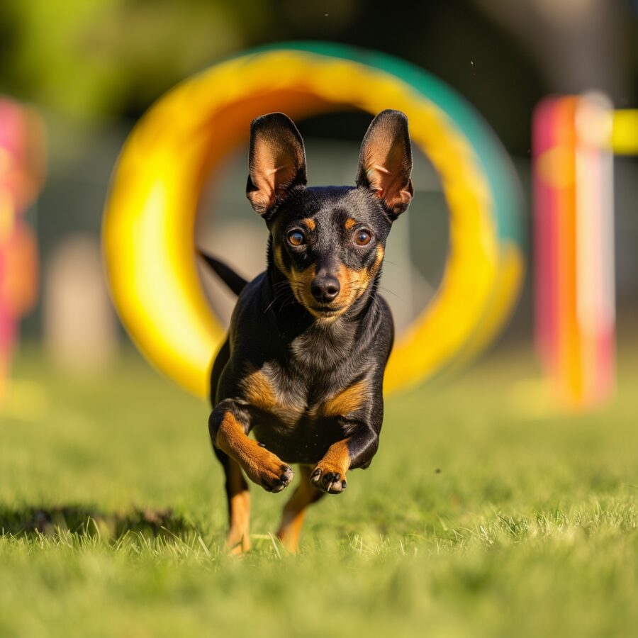 Manchester Terrier demonstrating agility and intelligence on an outdoor course.