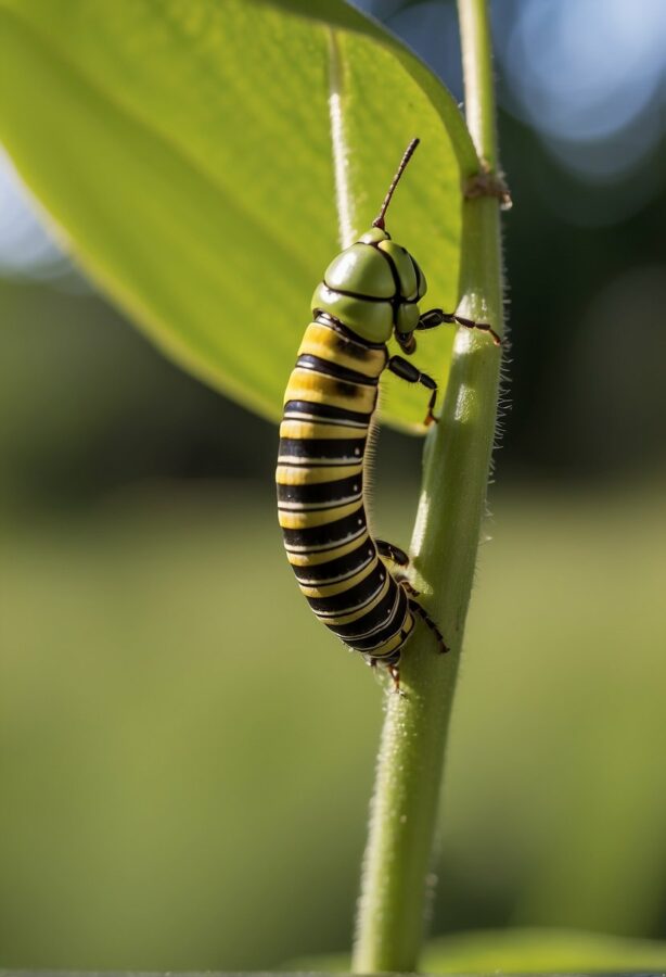 Monarch caterpillar climbing on milkweed stem