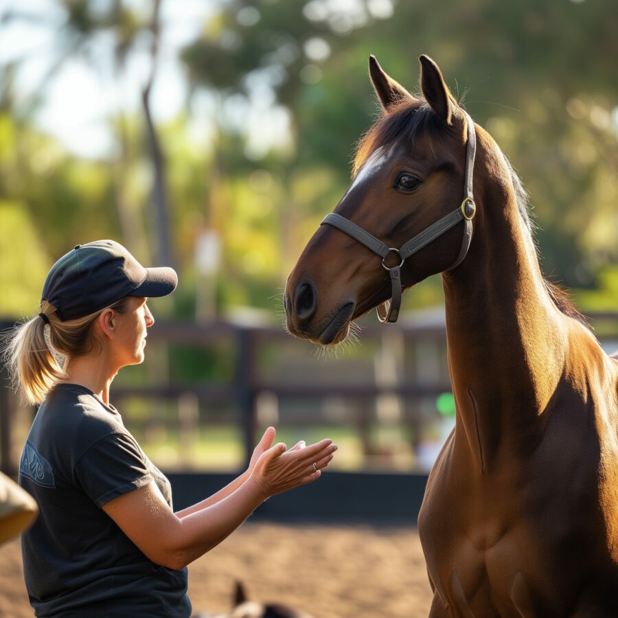 Trainer using positive reinforcement technique with a horse in an arena.