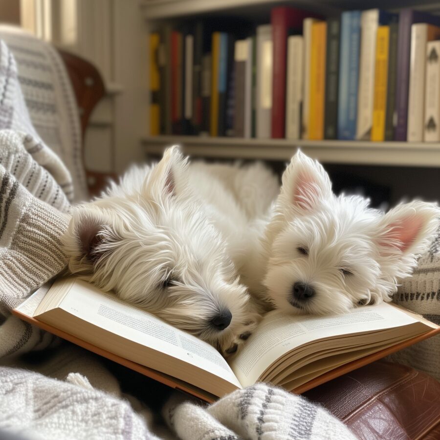 Potential adopters reading Westie puppy adoption guides in a cozy indoor setting