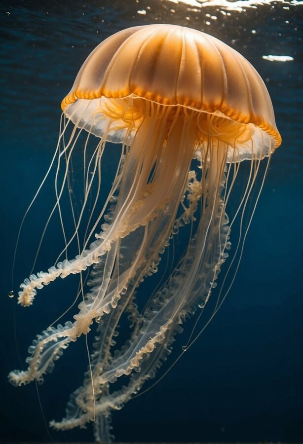 Orange jellyfish swimming in blue ocean waters