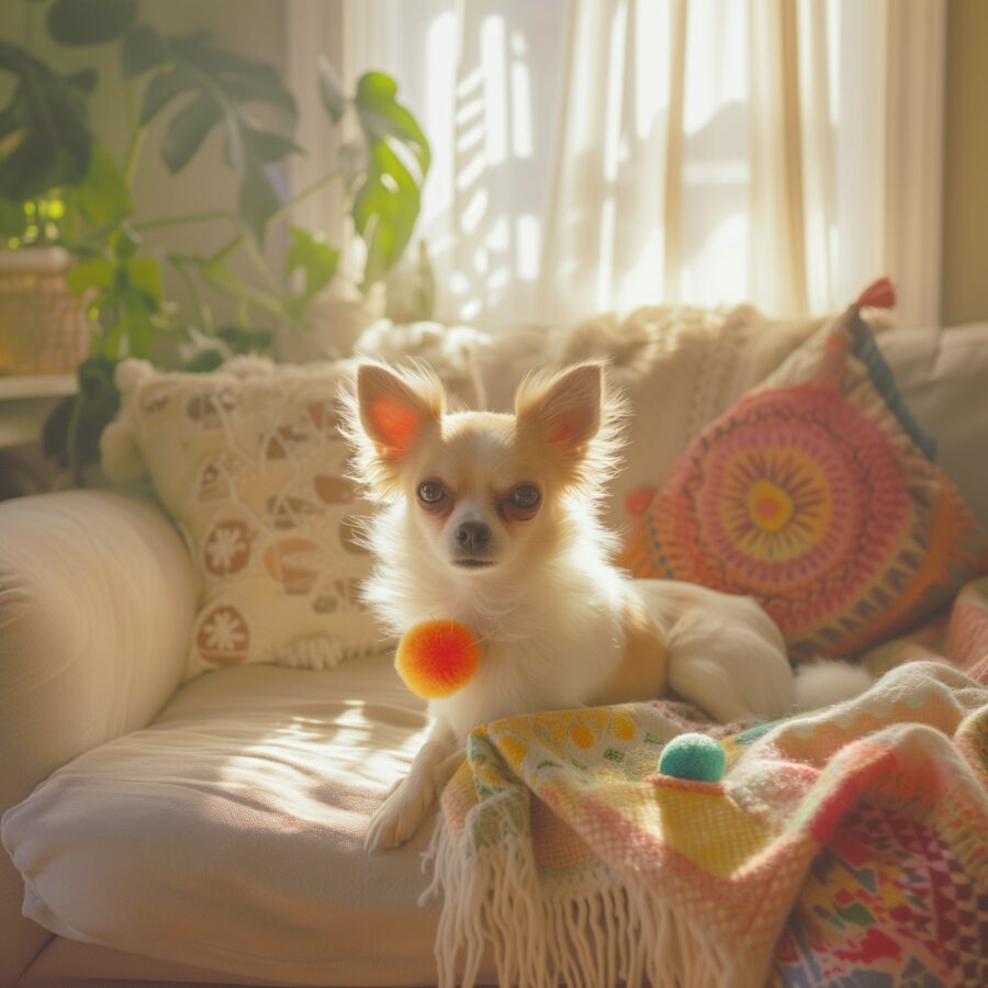 Chihuahua Terrier mix in a cozy living room setting, showcasing its small size and expressive eyes.