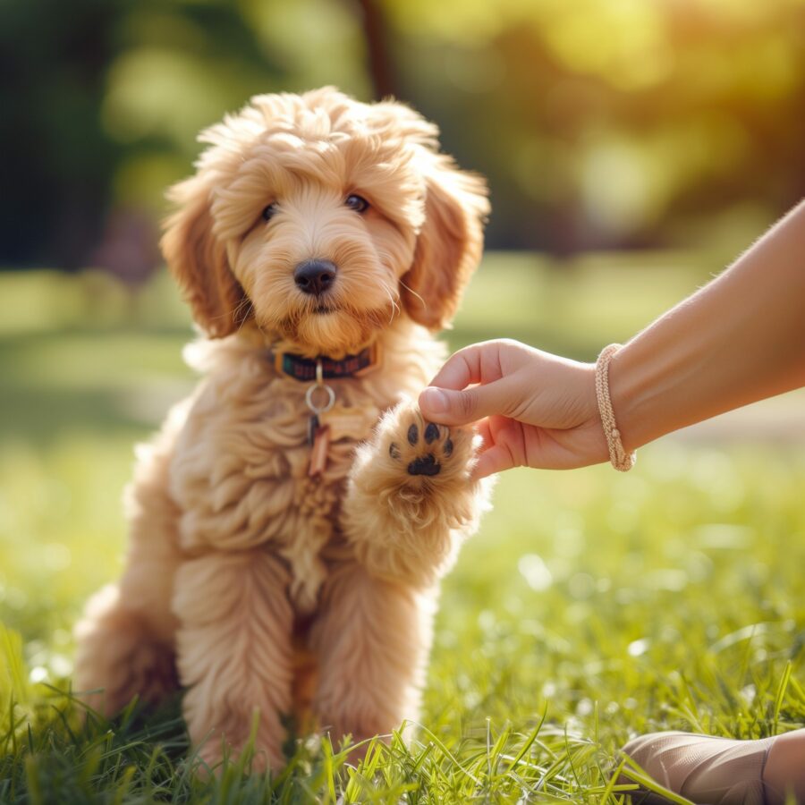 Labradoodle puppy training outdoors with a focus on treats.