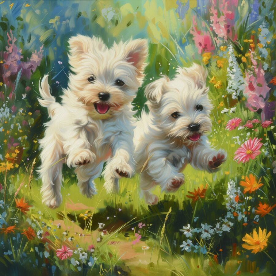 Westie puppies playing in a vibrant spring garden filled with colorful flowers
