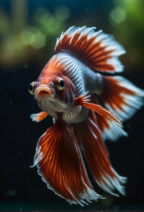 Red and white betta fish swimming in aquarium