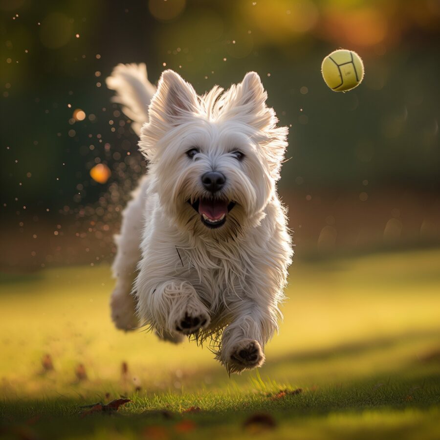 Joyful Westie playing fetch in the park.