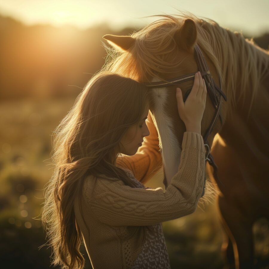 Woman and horse sharing a moment of understanding in a serene pasture.