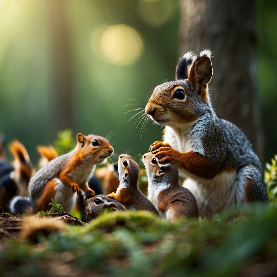 A variety of wild animals gather around a feeding area, including birds, squirrels, and deer. They are all eagerly eating from the provided food, with a lush forest in the background