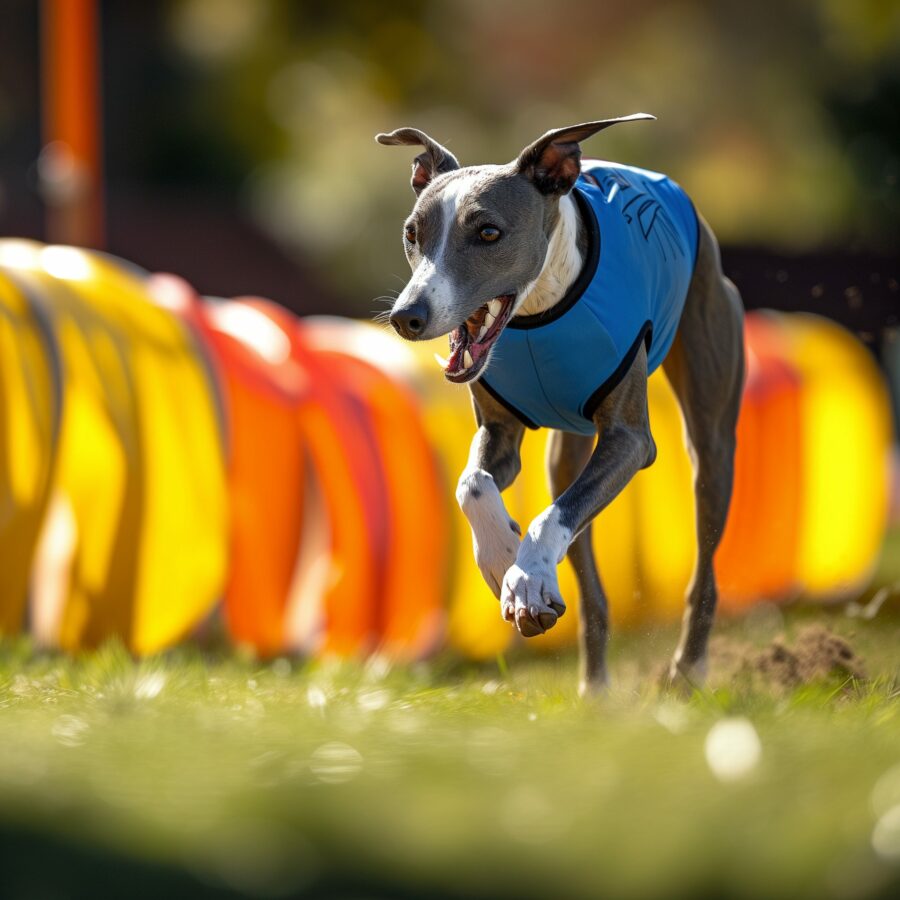 Staffordshire Greyhound showcasing agility in athletic training session.