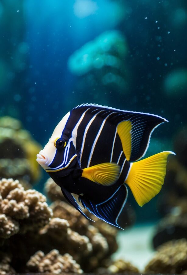 Vibrant Striped Angel Fish in Coral Reef