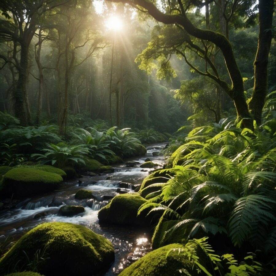 Lush forest with diverse flora and fauna, including endangered species. Clear streams and vibrant ecosystems. A team of scientists and conservationists working to protect and preserve wildlife