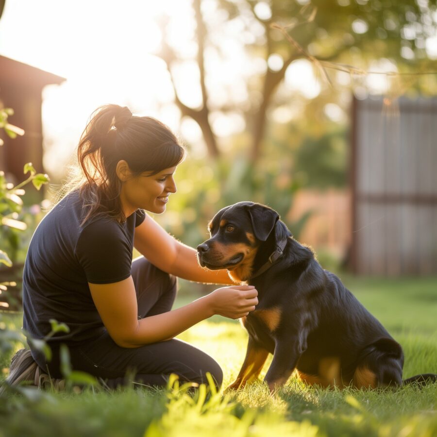 Woman using positive reinforcement to train a Rottweiler in a backyard.