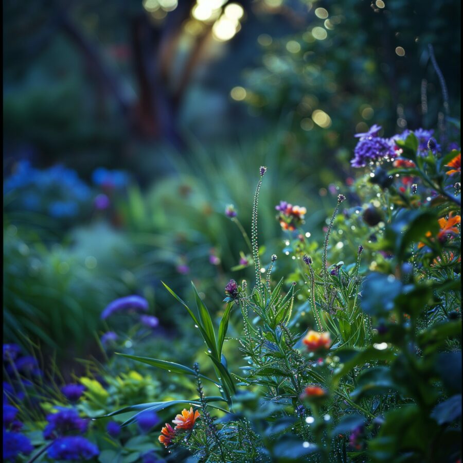 Pincher bugs hidden in a moist garden habitat with dew-covered plants at dusk.