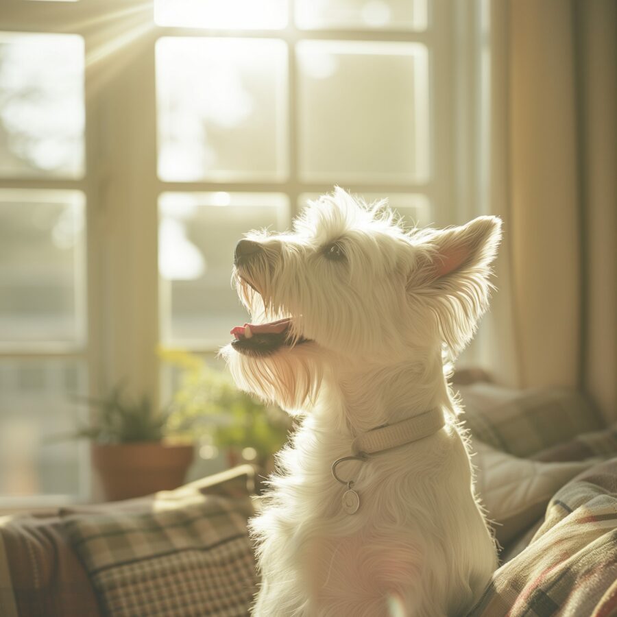 Westie barking in a cozy, well-lit living room, showcasing communication.