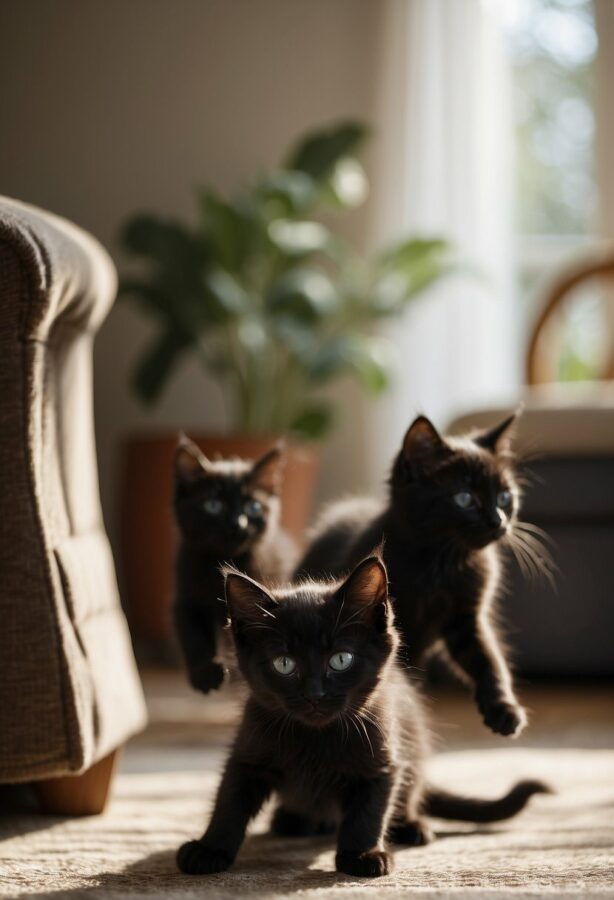 Three playful black kittens indoors