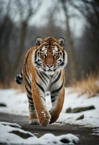 Tiger walking through snowy forest path.