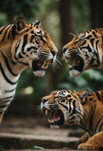 Three tigers roaring in a forest setting.