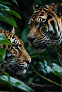 Two majestic tigers among lush foliage in the jungle.