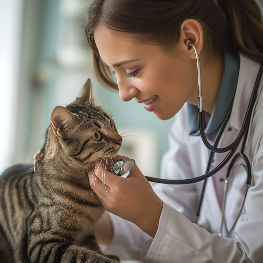 Veterinarian examining a wheezing cat with a stethoscope in a clinic.