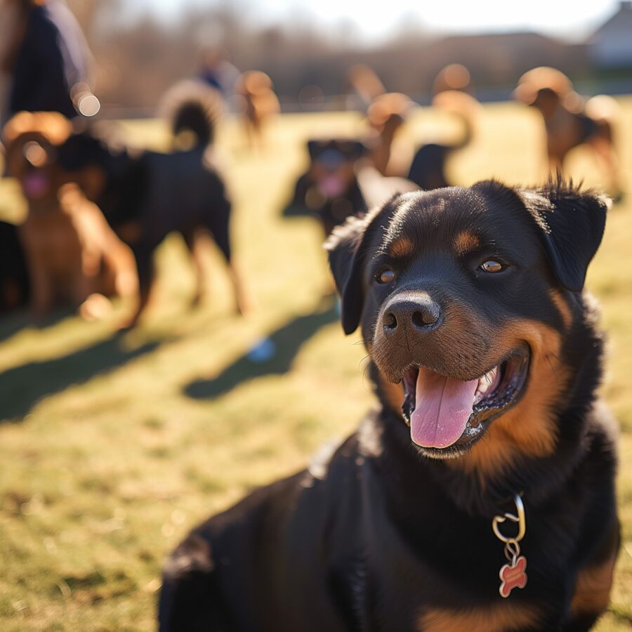 Rottweiler socializing with other dogs in a sunny park.